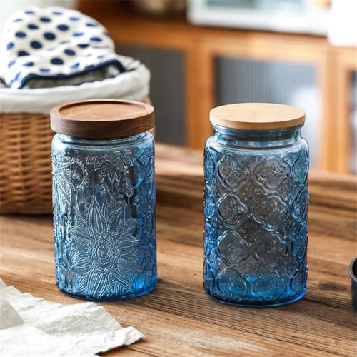 ANSQU Set of 2 Vintage Blue Glass Storage Jars with Wood Lids, 34oz Kitchen Canisters for Coffee, Sugar, Cookies, Candy – Decorative Pantry Organizers (Blue 2, 34 Ounces) - color: Blue 2, size: 34 Ounces