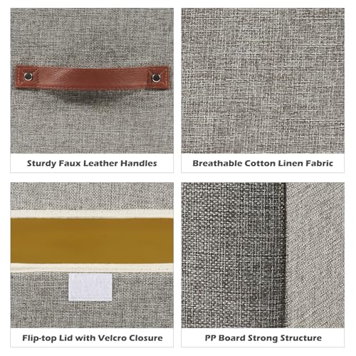 2PCS Storage Boxes with Lid Cotton Linen Fabric Storage Bins Organizer Container Decorative Collapsible Washable Shelf Closet Baskets Faux Leather Handles Home Bedroom (Gray, Small Size) - color: Gray, size: Small (Set of 2)