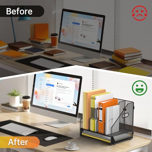 Docnest Desk File Holder Sorter, 4 Vertical Compartments Rack with Letter Tray, Mesh Magazine File Holder with Handle,Workspace Organizers,Desk Organizers for Paper, Mail, Documents-Black - color: Black-4 Compartments