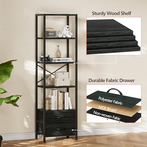 Furnulem 5-Tier Corner Shelf, Narrow Bookshelf with 2 Storage Drawers, 65.16" Tall Bookcase, Standing Shelf Organizer Unit for Living Room, Bedroom, Metal Frame, Wood Display Shelf(Black Oak) - color: Black Oak, size: 5 Tier