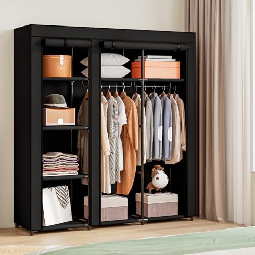 SORCEDAS Portable Wardrobe Closet Storage Organizer Metal Hanging Rack Non-Woven Fabric (Black, 51 Inch) - color: Black, size: 51 Inch