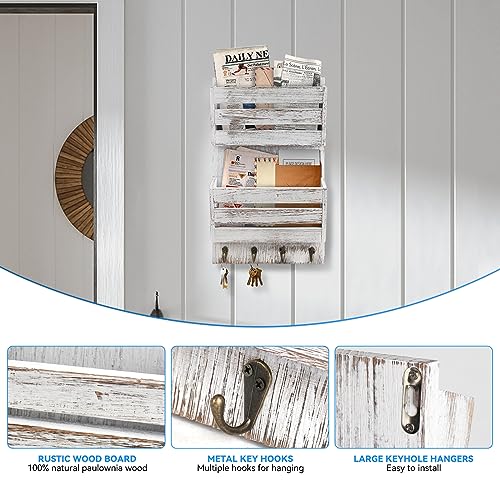 Mail Organizer Wall Mount with 4 Key Hooks, Rustic Wooden Hanging Mail Sorter Farmhouse Key Holder for Wall Decoration, 2-Slot Wall File and Magazines Bill Letter Holder - color: Vintage White