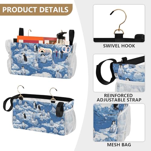 Bedside Caddy Hanging Bunk Bed Caddy Bed Organizer Hanging Pocket with 2 Hooks Bedside Storage Organizer Pocket Bag Holder Blue Penguins Ice Floes Snow Water - color: Blue Penguins Ice Floes Snow Water