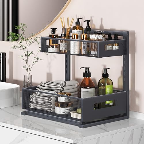 Petiza Under Sink Organizer Pull Out Cabinet Organizer Adjustable Height 2 Tier with Sliding Drawers Kitchen Bathroom Organizer and Storage(Gray-1pc) - color: Gray, size: Extra Large-1 pack