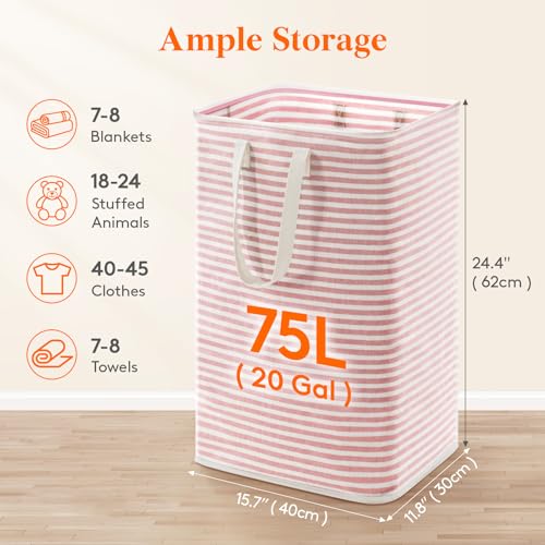 Lifewit 75L Large Collapsible Laundry Hamper, Tall Foldable Dirty Clothes Baskets Waterproof, Freestanding Design with Easy Carry Handles in Dorm Bedroom Bathroom College, Pink - color: Pink, size: 75L