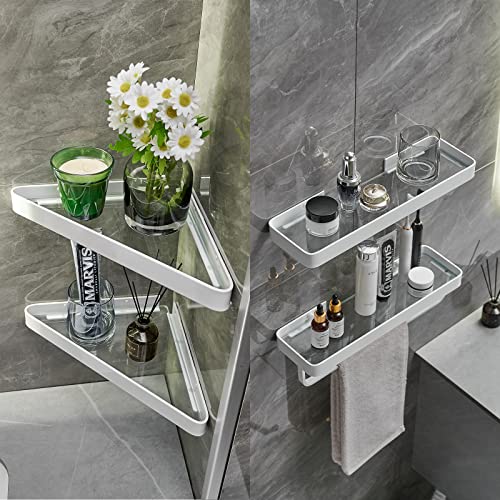 VOLPONE Bathroom Shelves Wall Mounted Glass Corner Shelf for Bathroom Floating Shelf Tempered Glass Wall Organizer 2-Tier(White) - color: White(triangular)