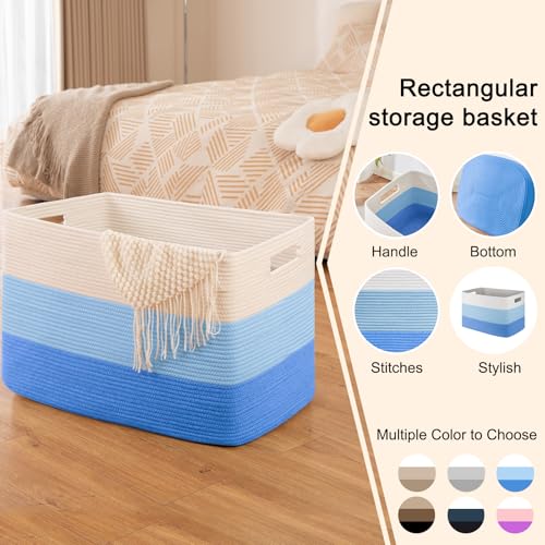 OIAHOMY 108L Super Large Blanket Basket, 25”x16”x16” Rectangle Woven Baskets for Storage, Cotton Rope Basket For Living Room, Toy Storage with Handle - Gradient Light Blue - color: Gradient Light Blue