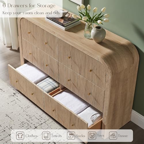 T4TREAM Fluted 6 Drawers Dresser for Bedroom, 54" Wide Modern Chest of Drawers with Thickened Curved Profile Design, Wood Dressers TV Stand for Bedroom, Living Room, Hallway, Natural Oak - color: Natural Oak, size: 15.75"D x 54"W x 36"H(6 Drawers)