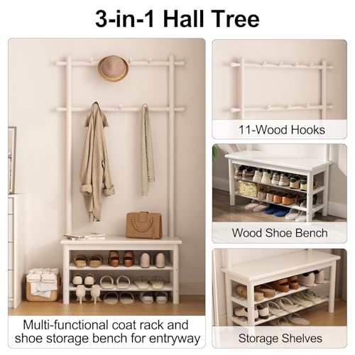 AQIMUELE Coat Rack with Shoe Storage, Wooden Hall Tree with Bench, 11 Hooks and 2-Tier Storage Shelves, 3-in-1, Entryway Bench with Coat Rack (31.5"-White) - color: White, size: 31.5"