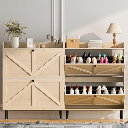 VDNEND Shoe Storage Cabinet for Entryway with 2 Flip Drawers，Narrow Wood Shoe Cabinet with Soild Wood Legs，Freestanding Hidden Shoe Organizer for Foyer, Hallway (1, White Oak) - color: White Oak