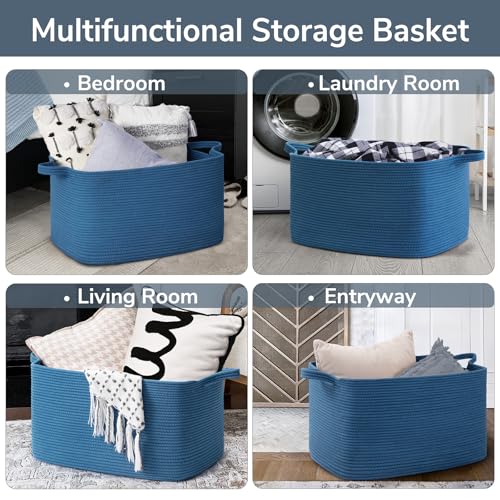 Goodpick Large Blanket Basket, Storage Baskets for Organizing, Rectangle Woven Basket for Clothes, Towels, Toy Baskets Storage Kids, 21.6" x 14.9" x 11.8" - color: Dark Blue, size: Large(21.6"L x 14.9"W x 11.8"H)