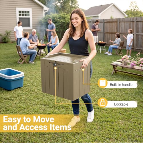 Greesum Outdoor Storage Box 31 Gallon Storage Box with Lid for Patio Furniture, Garden Tools, Pool Supplies, Waterproof and UV Resistant, Lockable, Light Coffee - color: Light Coffee, size: 31 Gallon