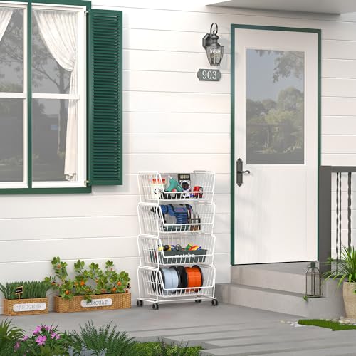 PUSDON 4-Tier Spacious Stackable Wire Storage Baskets with Wheels, Metal Rolling Utility Cart, Produce Basket for Pantry, Bathroom Organizer Shelf, Classic White - color: White, size: 4 Tier Standard
