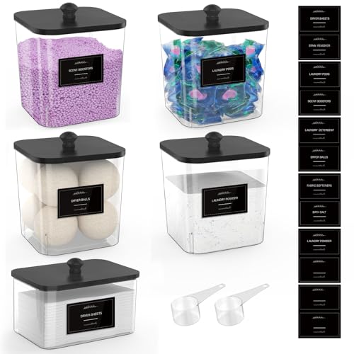 COAZEX 4+1 Pack Clear Laundry Pods Container & Dryer Sheet Holder, Plastic Square Laundry Room Organization and Storage Jars with Black Lids, Scoops & Labels for Detergent, Powder, Dryer Balls - color: 4+1 Pack