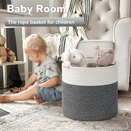 Goodpick Baby Storage Basket, Cotton Rope Laundry Basket for Blankets, Clothes 15 x 14.2 Inches, Nursery Woven Storage Organizing for Toys, Grey - color: Dark Gray, size: 15 × 14.2 inches