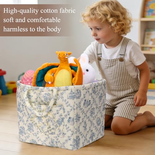 Quilted Fabric Basket Foldable Car Storage Boho Floral Laundry Basket Hamper for Nursery Bedroom & Living Room | Organize Clothes Toys - color: Blue-Toned Pastoral