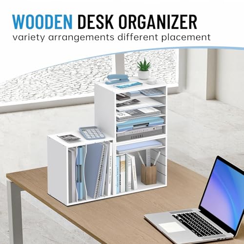5-Tier Wood Desk Organizer, Paper Tray Organizer for Desk with Adjustable Storage Shelves, Desktop File Organization Paper Sorter Mail Holder for Office Home Classroom, White - color: White, size: 5 Tier