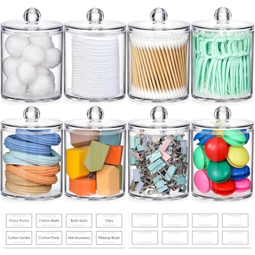 AOZITA 8 Pack Acrylic Qtip Holder Dispenser with Lids & Labels, Cotton Swab, Ball, Round Pads, Floss Picks Storage Canister - Clear Plastic Apothecary Jar for Bathroom Vanity Makeup Organizer - color: Clear, size: 8 Pack