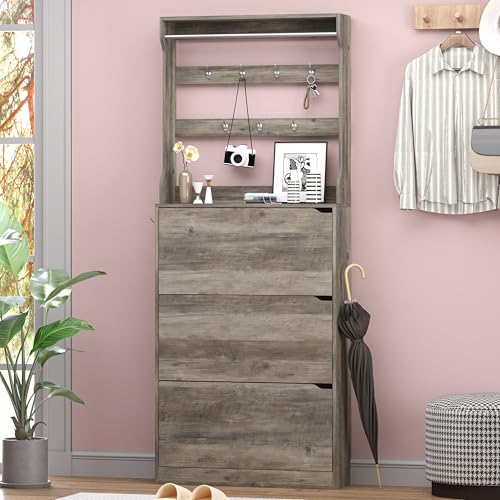 BORNOON Shoe Cabinet with 3 Flip Drawers & Coat Rack, Narrow Hidden Shoe Storage Cabinet, 2-in-1 Hall Tree Slim Freestanding Shoe Rack Organizer for Entryway, Hallway, and Living Room - color: Grey, size: 3-Drawer with Rack