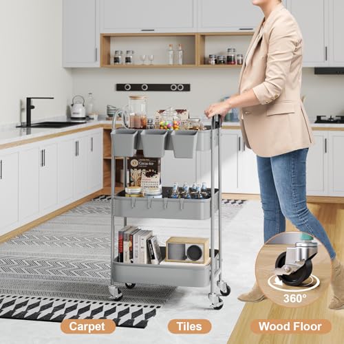 3 Tier Gray Metal Rolling Cart, Mesh Storage Cart with Handle and Lockable Wheels, Multifunctional Three Tiered Utility Organizer Carts for Kitchen, Office, Bathroom, Craft, Art, Snack, Baby Supplies - color: Calm Gray, size: 3 tier