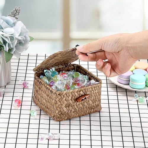 Hipiwe Handwoven Seagrass Basket Bin Small Decorative Shelf Basket Boxes with Lid Wicker Storage Baskets Bins Multipurpose Table Organizer for Key Home Decor, 4.7"L x 4.7"W x 3"H - color: Coffee color, size: 4.7" x 4.7" x 3"