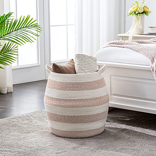KAKAMAY Woven Baskets for Storage(17"x17"),Large Cotton Rope Woven Baby Laundry Hamper,Collapsible Laundry Basket, Blanket Basket for Organizing Living Room,Nursery,Pillows,Toy Chest(Rose) - color: Rose