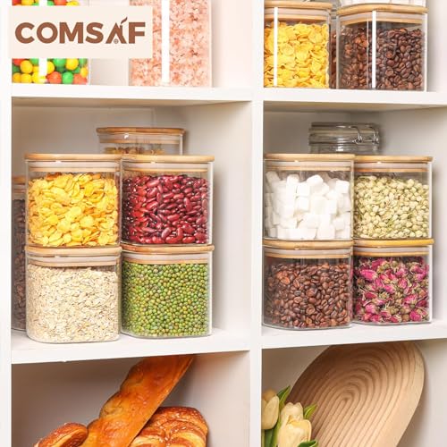 ComSaf 0.7 Qt Glass Food Storage Jars Set of 9, Clear Glass Storage Containers with Lids, Pantry Organization Jar, Spice, Blooming Tea, Oat, Coffee and Sugar Container, Small Canister Set for Kitchen - size: 0.7Qt*9