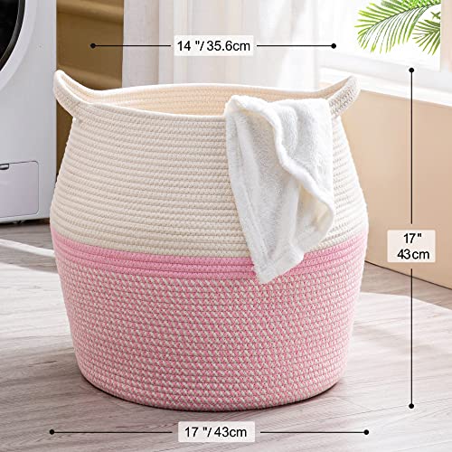 KAKAMAY Woven Baskets for Storage(17"x17"),Large Cotton Rope Woven Baby Laundry Hamper,Collapsible Laundry Basket, Blanket Basket for Organizing Living Room,Nursery,Pillows,Toy Chest(Pink) - color: Pink