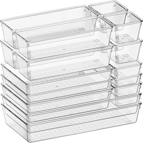Criusia 16 Pack Large Clear Plastic Drawer Organizer Bins - 5 Size Acrylic Bathroom and Vanity Organizers and Storage Trays for Makeup Office Home, Kitchen Drawer Organizer for Utensils, Gadgets - size: 16 Pack