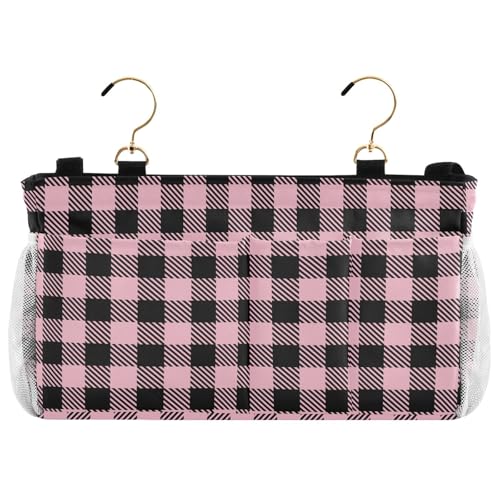 Buffalo Plaid Check Pink Print Bedside Caddy Storage Bag Bedside Organizer for Bunk Bed Headboards College Organizer Caddy Hanging Shelf 6 Pockets with Hooks for Drinks Magazine Phone Holder - color: Buffalo Plaid Check Pink