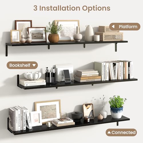 Fun Memories Deep Floating Shelves, 55W x 8D Floating Shelves Set of 2, Wall Mounted Shelf with Metal Brackets, Rustic Wood Wall Shelf for Bathroom, Kitchen and Living Room, Black - color: Black- L Bracket, size: 55"W x 8"D