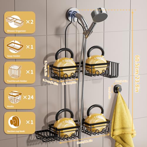 DAOYA Shower Caddy Hanging - Shower Caddy for Handheld Shower Heads with Soap holder, Toothbrush Holder & Suction Hook, Universal 0.82-inch Fit with Non-Slip Rubber Pad, Black - color: Black