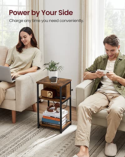 VASAGLE Side Table with Charging Station, 3-Tier End Table with USB Ports and Outlets, Nightstand for Living Room, Bedroom, 11.8 x 13.4 x 22.8 Inches, Plug-in Series, Rustic Brown and Black - color: Rustic Brown + Black