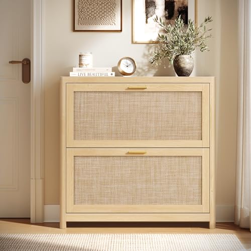 VASAGLE ELLAN Collection - Boho Shoe Storage Cabinet for Entryway Slim, Entry Shoe Cabinet with Rattan-Look Flip Drawers, Rounded Corners, Narrow for Entrance, Oak Beige UHSC601YC01 - color: Oak Beige, size: 9.4"D x 33.9"W x 32.9"H-3 Flip Drawers