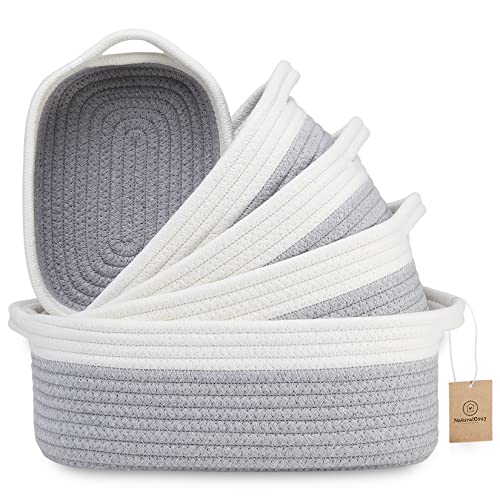 NaturalCozy 5-Piece Rectangle Storage Basket Set- Natural Cotton Rope Woven Baskets for Organizing! Small Basket for Montessori, Baby Nursery, Dog Toy Baskets, Cat Toy Box, Bathroom Organization Bin - color: Off White & Gray
