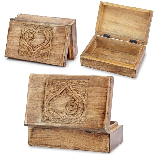 Ajuny Wooden Decorative Jewelry Box with Heart Design Carving - Multipurpose Treasure Chest Storage Keepsake Box Necklaces Watch Organizer Boxes Birthday Gifts for Women & Men 8x5 Inch - style: Heart Carved Center