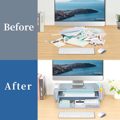 AUPSEN Computer Monitor Stands Riser，2-Tier Desk Organizers and Accessories, Office Desk Accessories Organizer with Drawers and 2 Pen Holder for Office Supplies (Blue) - color: Blue Metal