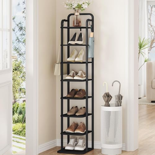 Hzuaneri 8 Tiers Vertical Shoe Rack, Narrow Shoe Tower, Tall Shoes Shelf with 2 Hooks, Adjustable Shelves, Corner Shoes Shelves for Small Spaces, Entryway, Living Room, Black SR04304B - color: Black, size: 8 Tier(11.8"D x 10.4"W x 53.2"H)