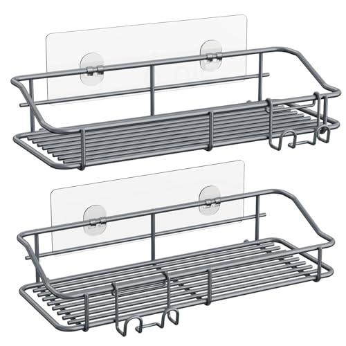 Nieifi Shower Caddy Shelf with Hooks Storage Rack Organizer Adhesive Stainless Steel Without Drilling for Bathroom, Lavatory, Washroom, Restroom, Shower, Toilet, Kitchen - 2 Pack (Gray) - color: Grey, size: 2 Pack