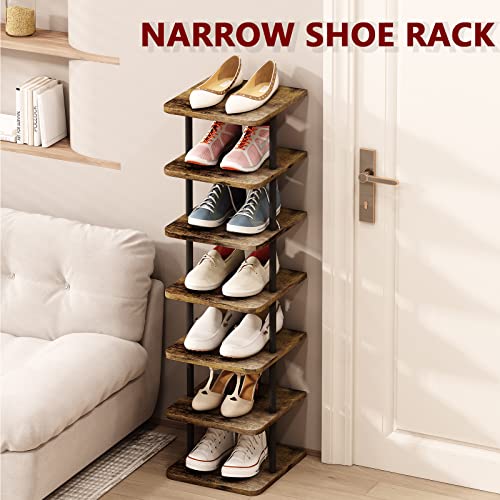 AZERPIAN Shoe Rack 7 Tier Vertical Storage Organizer Narrow Metal Slim Shelf Modern Free Standing Shoe Tower Saving Space for Closet Entryway Bedroom,Black+Rustic Brown - color: Black+rustic Brown, size: 7 Tier