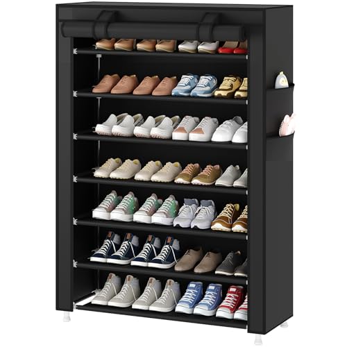 Laiensia 7-Tier Vertical Shoe Rack Organizer, Space Saving Shoe Storage Organizer, Non-Woven Cover Shoe Shelf Holds 28-35Pairs for Bedroom, Hallway, Closet Entryway, Black - color: Black, size: 7-tier