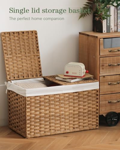 SETVSON Storage Basket with Lid Rattan Storage Basket with 2 Separate Lid, 27.8 Gallon (105 L) 25.2 * 15.4 * 16.1 Inches Woven Wicker Baskets with 2 Liners and Handles for Bedroom Laundry-Natural - color: Natural, size: 105L-25.2L*15.4W*16.1H