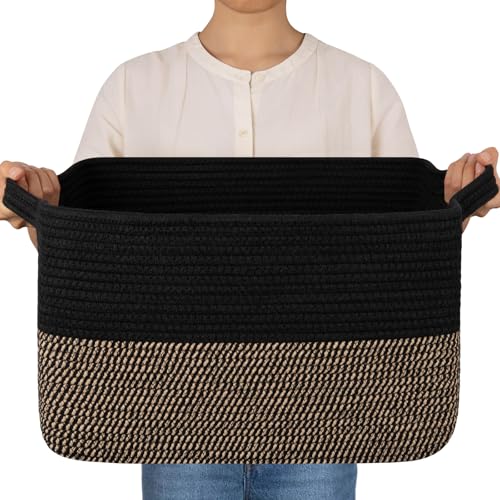 OIAHOMY Woven Storage Basket for Shelves, Rectangle Cotton Rope Baskets for Organizing, 16 x 12 x 10 in, Storage Bins for Dog Toys,Towel,Books,Gift,Black and Brown - color: Black and Brown, size: 16"x12"x10"
