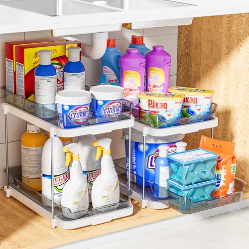 Delamu 2-Tier Multi-Purpose Bathroom Under Sink Organizers and Storage, Stackable Kitchen Pantry Organization, Pull Out Medicine Cabinet Organizer with Movable Dividers, Grey, 4 Pack - color: Grey, size: 4 Pack