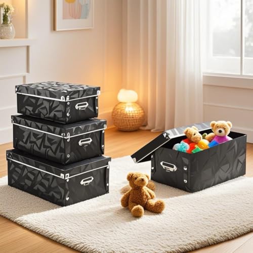 XUCHUN Storage Box with Lid 3 Pack, Collapsible Plastic Storage Bins with Lids, Stackable Foldable Keepsake Box for Photos Office Bedroom, 3 Sizes - Black - color: Black 3 pcs