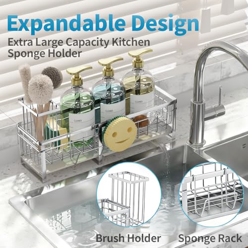 Aurblozen Extra Large Extendable Sponge Holder for Kitchen Sink, Rustproof Sink Caddy Organizer with High Brush Holder, Dish Soap Dispenser Organizers and Storage (Stainless Steel) - color: Stainless Steel