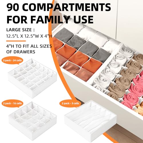 Criusia Drawer Organizer - 6 Set Clothes Organizer for Closet & Bedroom - 90 Cells Bins for Sock, Underwear, Bra, Baby Clothes - Washable & 10xDurable than Non-Woven Fabric (White) - color: White, size: 6 Pack & 90 Cells Full Set