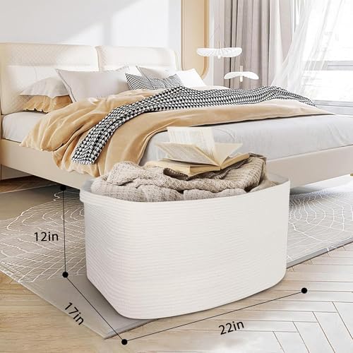White Baskets for Organizing, 22" X 17" X 12" Rectangle Cotton Rope Storage Baskets, Woven Blanket Basket Living Room, Large Kids Toy Storage Organizer Bins, Baby Wicker Laundry Basket - color: White