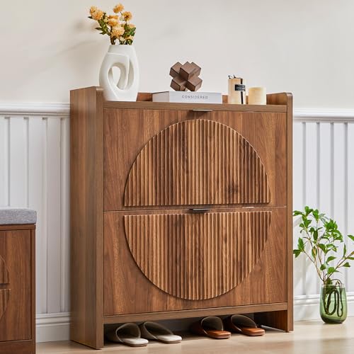 Narrow Shoe Cabinet Storage for Entryway, Wood Slim Shoe Rack Cabinet with 2 Flip Drawers, Freestanding Hidden Shoe Storage Organizer, Space-Saving, Fluted Pattern for Hallway,Living Room (Walnut) - color: Walnut-2 Flip Drawers