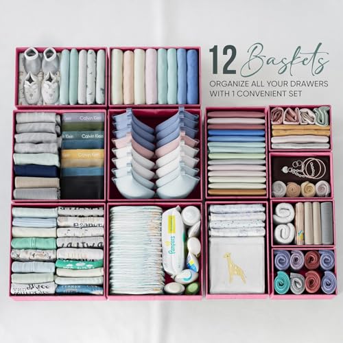 Drawer Organizer Clothes Set of 12 Pink - Dresser Organizer For Nursery, Bedroom, Closet - Perfect Baby Clothes Organizer and Storage & General Nursery Organization or Dresser Drawer Organizers - color: Pink